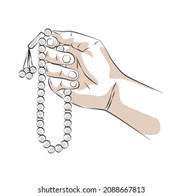 hand holding tasbih sketch, muslim - vector illustration