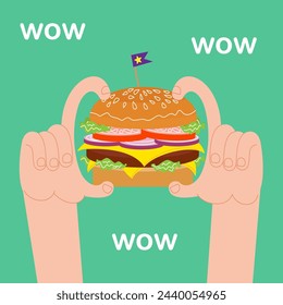 Hand holding tasty burger. Cartoon vector illustration 