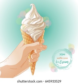 Hand holding tasty ice cream  in waffle cone. Vector color illustration. Isolated objects on a white background