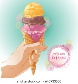 Hand holding tasty ice cream  in waffle cone. Vector color illustration. Isolated objects on a white background