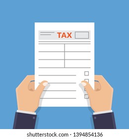 Hand holding tax form flat design vector illustration
