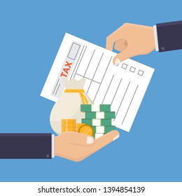 Hand holding tax form and money flat design vector illustration