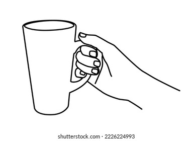Hand holding a tea or coffee mug hand drawn with thin line