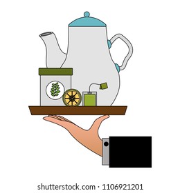 hand holding teapot and bowl lemon in tray