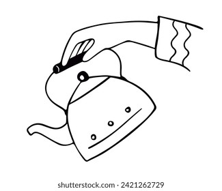 Mano sosteniendo una tetera. Elemento gráfico para la cafetería o sitio web del restaurante. Artículos de aseo y utensilios de cocina en estilo doodle. Vector