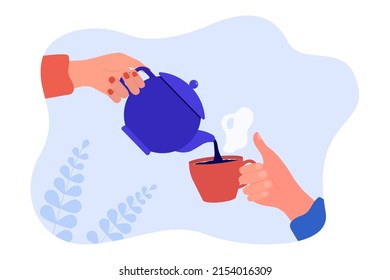 Hand holding teapot and pouring hot tea into cup. Male and female hands holding kettle and mug flat vector illustration. Communication, teatime concept for banner, website design or landing web page