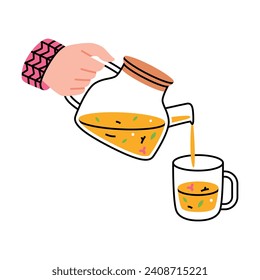 Hand Holding Teapot Pouring Hot Tea Drink in Cup Vector Illustration