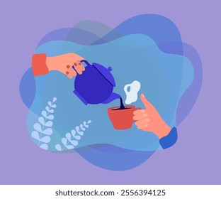 Hand holding teapot and pouring hot tea into cup. Male and female hands holding kettle and mug flat vector illustration. Communication, teatime concept for banner, website design or landing web page