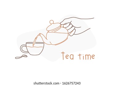 Hand holding teapot pouring tea in cup. Tea time card. Line drawing vector illustration.
