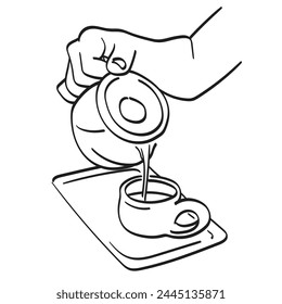 hand holding teapot pouring tea into cup illustration vector hand drawn isolated on white background