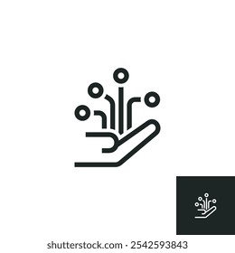 Mão segurando ícone técnico isolado no fundo branco. As ilustrações vetoriais são feitas com software baseado em vetor, não com resultados gerados por IA.