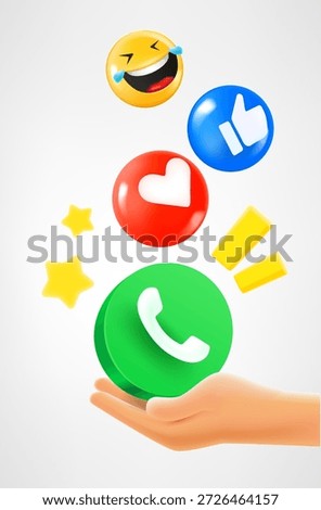 Hand holding telephone app icon icons falling down. 3d vector illustration