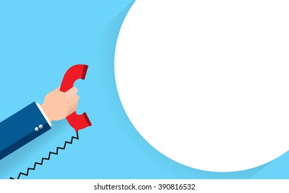 Hand holding telephone with bubble speech. communication design template 