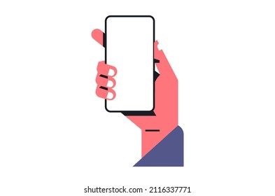 Hand holding a telephone. Empty screen, mobile app, phone mockup, application on touch screen device. Vector illustration isolated on white background.