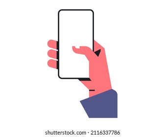 Hand, die ein Telefon hält. Leerer Bildschirm, mobile App, Handy-Mock-up, Anwendung auf Touchscreen-Gerät. Vektorgrafik einzeln auf weißem Hintergrund.