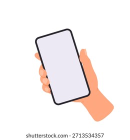 Mano sosteniendo un teléfono. Pantalla vacía, App móvil, maqueta de teléfono, aplicación en dispositivo de pantalla táctil. Ilustración vectorial aislada sobre fondo blanco.