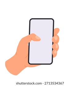 Mano sosteniendo un teléfono. Pantalla vacía, App móvil, maqueta de teléfono, aplicación en dispositivo de pantalla táctil. Ilustración vectorial aislada sobre fondo blanco.
