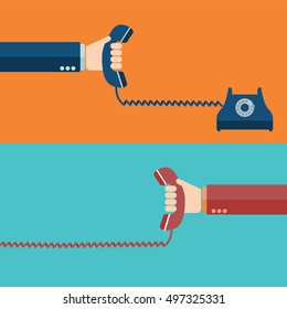 Hand holding telephone, urgent call - communication design template.