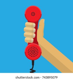 Hand holding telephone vector flat design.