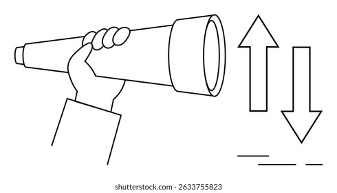 Hand holding a telescope with up and down arrows, indicating guidance, surveillance, or exploration. Ideal for business strategy, market trends, investment, leadership, future goals, research, career