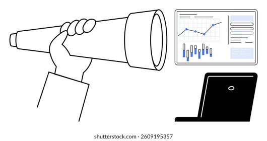Hand holding telescope, graph board displaying financial data, and laptop illustrating market analysis. Ideal for business strategy, financial planning, market research, data analysis, forecasting