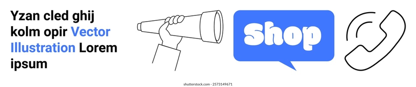 A hand holding a telescope looking at a blue speech bubble with the word shop and a phone receiver. Ideal for marketing, online shopping, customer service, web banners, and e-commerce. Banner