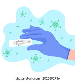 Hand, die ein Testkit für Viruserkrankungen hält COVID-19 2019-nCoV. Test des Lab-Card-Kits auf virales neuartiges Coronavirus. Schnelles Testgerät für die handgezeichnete COVID-19-Illustration auf weißem Hintergrund.