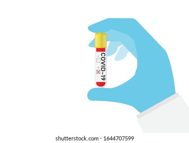 Hand Holding Test Tube With Blood Sample For COVID-19 Test. Positive Test Result Coronavirus Covid-19, Originating In Wuhan, China COVID Corona Virus Disease 2019, Vector Illustration.