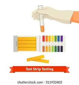 Hand Holding Test Tube With PH Indicator Comparing Color To Scale And Litmus Strips For Measurement Of Acidity. Flat Style Vector Illustration Isolated On White Background.