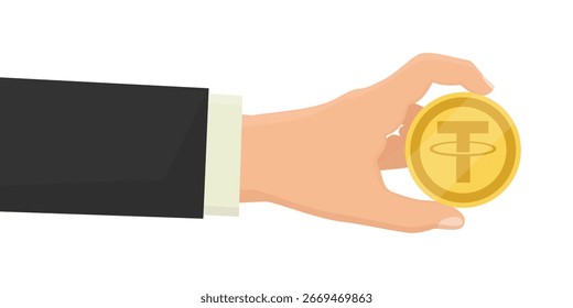 Hand, die Tether USDT Kryptowährungsmünze einzeln auf weißem Hintergrund hält. Digitales Cybergeld. Konzept der Zahlung, Finanzplanung und Einsparung. Vektorgrafik 