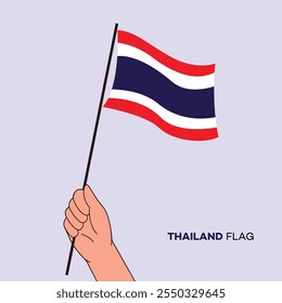 Hand holding Thailand flag in line art drawing style. Thailand hand Flag waving. Vector illustration