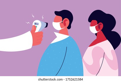 Hand holding thermometer gun checking people temperature design of Medical care health and emergency theme Vector illustration