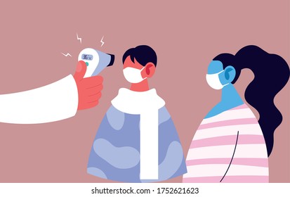 Mano sujetando la pistola del termómetro para comprobar la temperatura de las personas diseño de la atención médica de salud y el tema de emergencia Ilustración del vector