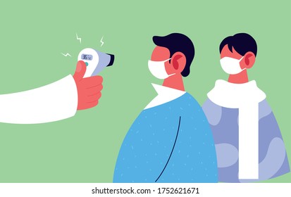 Hand holding thermometer gun checking people temperature design of Medical care health and emergency theme Vector illustration
