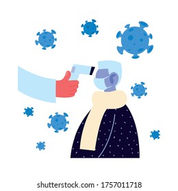 Hand holding thermometer gun checking old man temperature design of Medical care and covid 19 virus theme Vector illustration