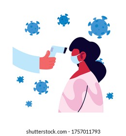 Control de la pistola termómetro de mano de la mujer diseño de temperatura de la atención médica y cóvido tema del virus 19 Ilustración del vector