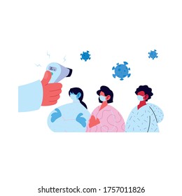 Mano sujetando el termómetro de la verificación de la pistola de la gente diseño de temperatura de la atención médica y el cóvido tema del virus 19 Ilustración del vector