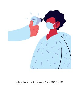 Hand holding thermometer gun checking man temperature design of Medical care and covid 19 virus theme Vector illustration