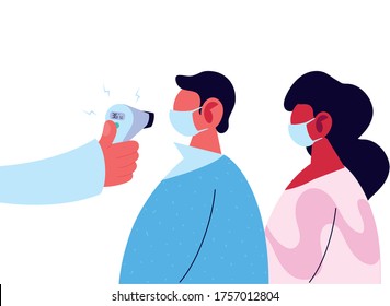 Mano sujetando el termómetro control de armas hombre y mujer diseño de temperatura de la atención médica y cóvid 19 tema del virus Ilustración vectorial