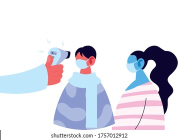 Mano sujetando el termómetro control de armas hombre y mujer diseño de temperatura de la atención médica y cóvid 19 tema del virus Ilustración vectorial