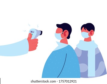 Mano sujetando el termómetro control de armas hombres diseño de temperatura de la atención médica y cóvido 19 tema del virus Ilustración del vector