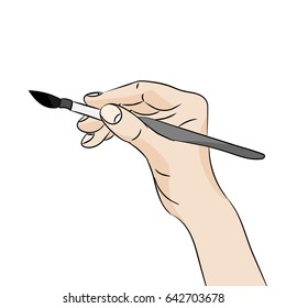 Hand holding a thin brush on white background