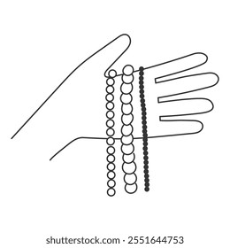 Hand Holding Threads with various size Beads. Line gesture with gemstone crafting accessories for creativity. Jewelry making symbols and tools. Outline vector illustration