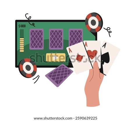 Hand holding three aces with poker chips on a green background. Flat design style. Concept of online gambling. Vector illustration