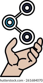 A hand holding three circles that are connected to each other. The circles are blue and white. Concept of connection and unity