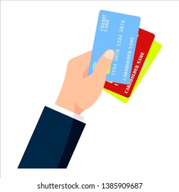 Hand holding three credit cards. Vector in flat illustration isolated on white background
