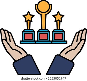 A hand is holding three golden trophies. The trophies are placed on top of each other, with the middle one being the tallest. Concept of accomplishment and success