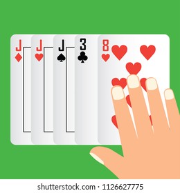 hand holding three of a kind order poker winning, playing card concept, vector illustration