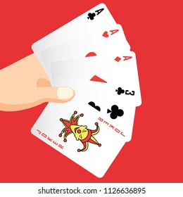 hand holding three of a kind, poker playing card concept, vector illustration