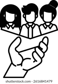 A hand is holding three people